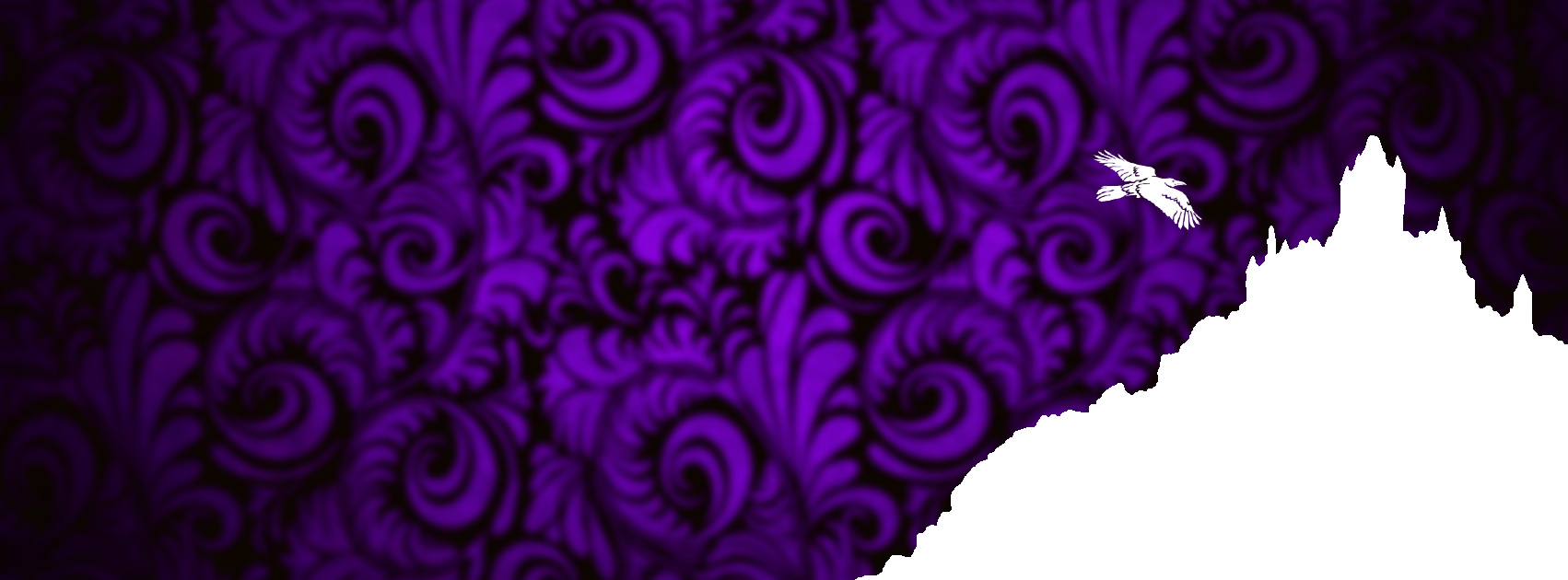 A white raven flying over a purple ornamental background with the silhouette of cathedral spires emerging in white.