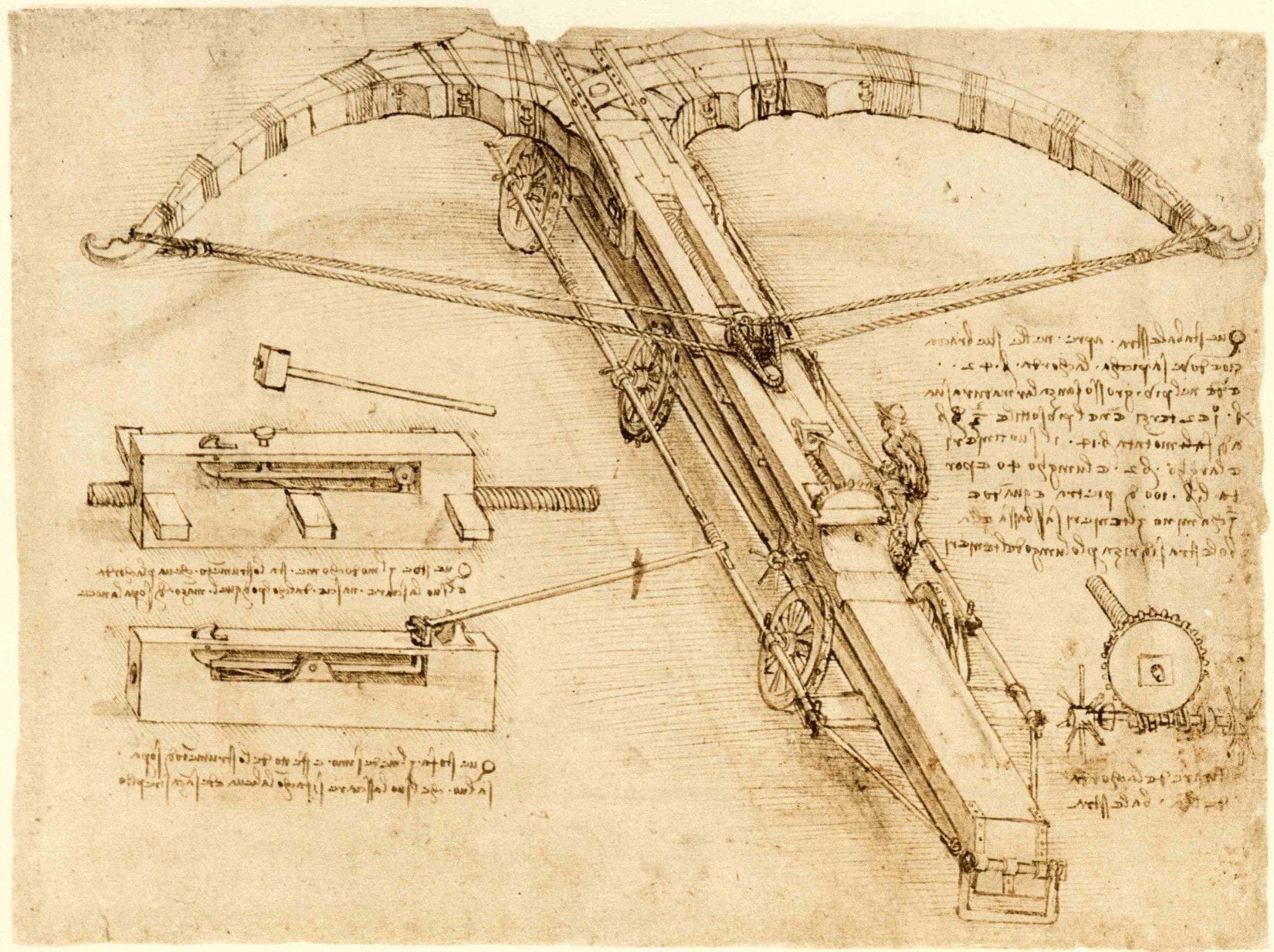 Leonardo da Vinci’s sketch of a giant crossbow, symbolizing Renaissance genius and the spirit of invention.