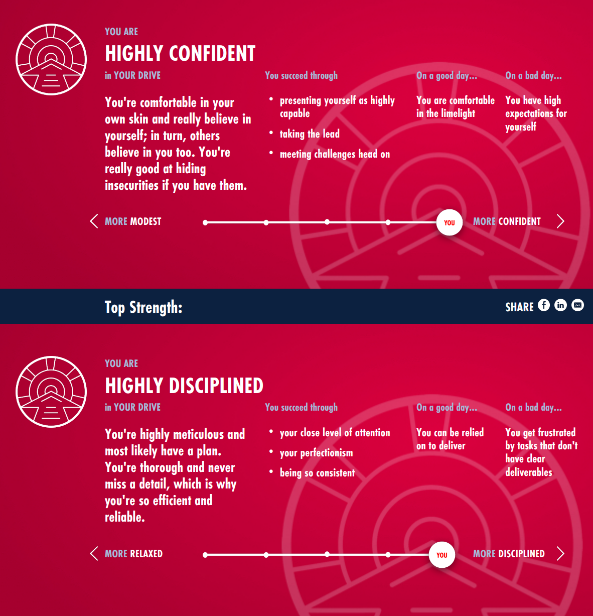 Personality test results showing extreme confidence and discipline, highlighting outlier traits.
